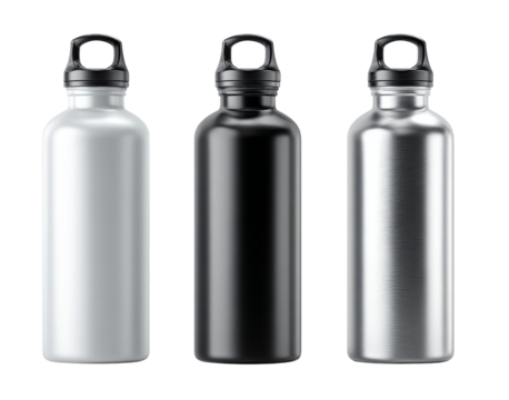 Three metal water bottles in different finishes isolated on a transparent background