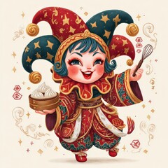 Colorful jester character holding a whisk and food dumpling in a vibrant festive setting