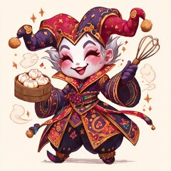 Joyful jester character holding dumplings in a playful festival setting with vibrant colors and traditional attire