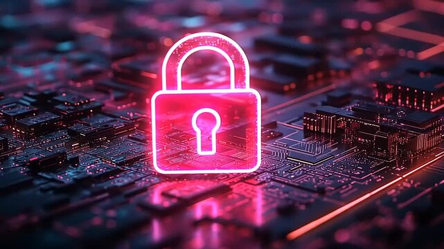 Digital Security Lock on Futuristic Circuit Board Glowing Neon Pink.