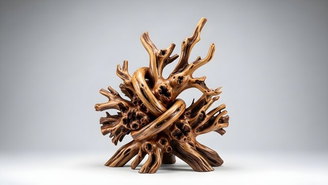 Intricate gnarled driftwood sculpture: natural abstract wooden art decor piece