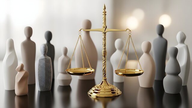 Golden scales of justice with diverse abstract human figures representing equality