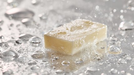 A soap bar is immersed in water, surrounded by droplets that capture light, creating a refreshing and clean ambiance. This moment emphasizes hygiene and purity.