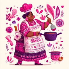 Chef preparing colorful dish with vibrant decorations in a lively kitchen scene