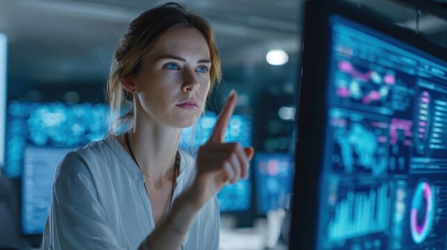 Focused data analyst works intently on a computer screen displaying complex analytics in a contemporary office. The atmosphere is illuminated by digital screens, reflecting a modern workspace.