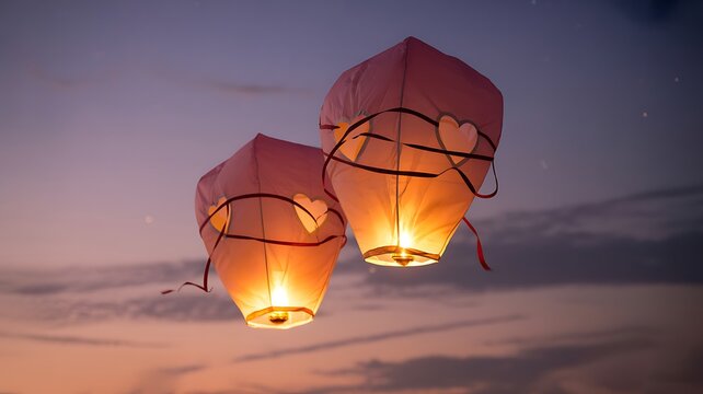 Heart shaped lanterns floating at calm twilight sky