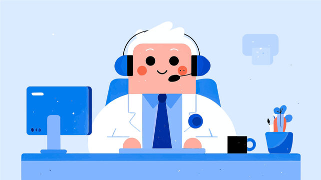 A friendly doctor with a beard wears a headset while consulting a patient online. The setting is bright and modern, showcasing a computer and a cup nearby, highlighting telemedicine.