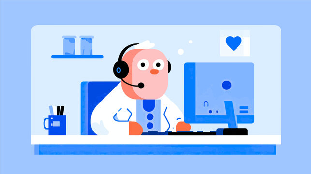 A friendly doctor with a beard wears a headset while consulting a patient online. The setting is bright and modern, showcasing a computer and a cup nearby, highlighting telemedicine.