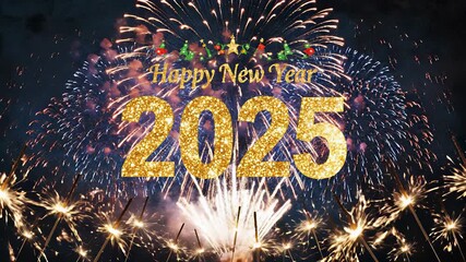 New Years Eve Fireworks Display with Happy 2012 Sign Ignites Festive Atmosphere, Perfect for Celebratory Occasions or Cooking Show Backgrounds, Capturing Global Unity and Shared Revelry on.