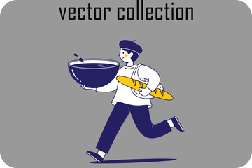 WebA stylized vector illustration of a chef in uniform running with a large bowl of food and a baguette representing fast food service or delivery