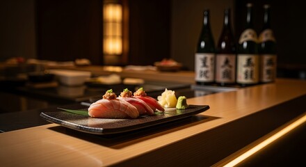 Delicious sushi platter with tuna and salmon in a japanese restaurant