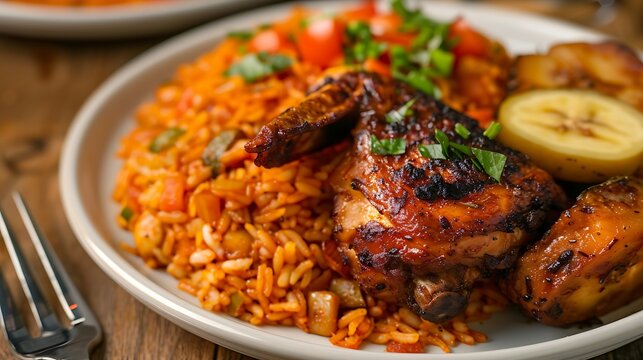 Close up of a bowl of jollof rice with chicken and jalape&ntilde;os served with lemon wedges on the side
