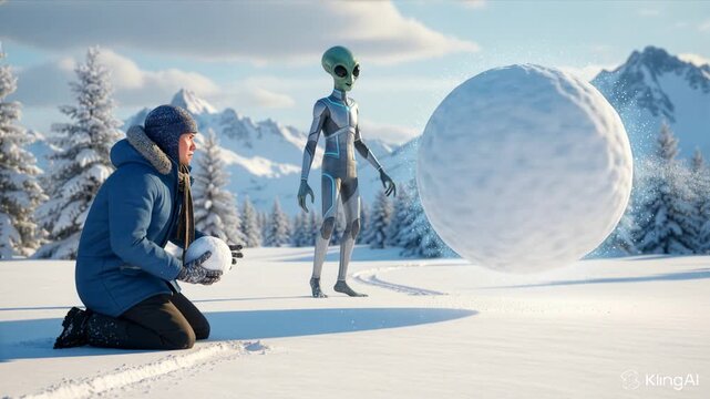 Human and alien building giant snowball together in snowy forest with mountain backdrop. Concept of intergalactic friendship, winter fantasy, and unity beyond worlds