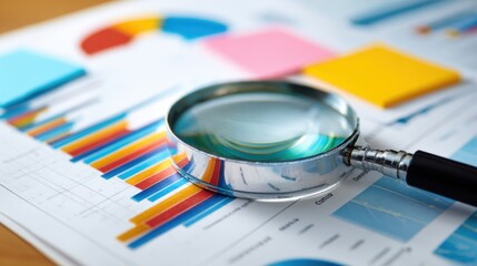 A magnifying glass focuses on vibrant charts and graphs, revealing data insights during a business analysis. The image highlights analysis in a professional office setting.