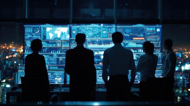 A group of five professionals stand in a high-rise office, gazing at multiple large screens displaying complex data visualizations and analytics. The city lights create a vibrant backdrop.