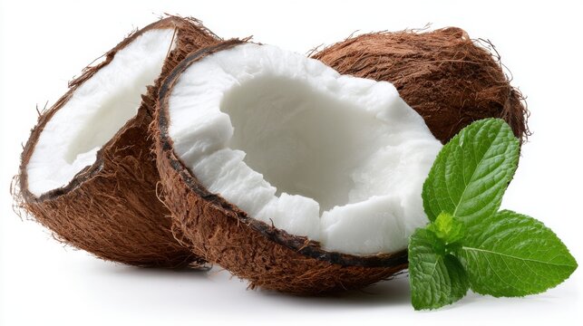 Halved coconuts reveal moist white flesh, accompanied by vibrant mint leaves. Ideal for adding freshness and flavor to drinks or desserts in culinary creations.