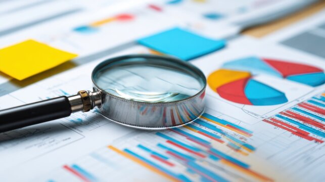 A magnifying glass is placed over various colorful data charts on a desk, showing graphs and statistics. The bright office setting enhances the focus on the analysis process.