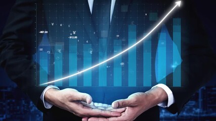 A businessman in a formal suit holds his hands together in a gesture of support, with a financial growth chart overlay illustrating upward trends in investment success. Copula - Powered by Adobe