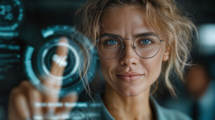 Businesswoman Utilizing Holographic Interface in Modern Office for Efficient Talent Management and Workforce Solutions