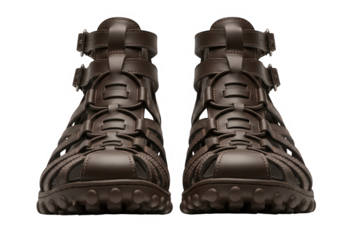 Close up pair of fashionable dark brown leather gladiator sandals isolated on white background