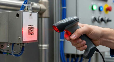 Barcode scanner reading qr code on industrial equipment