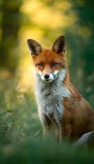 Naklejka premium Wild fox portrait serene meadow wildlife photography captures warm tones and bright eyes in soft light