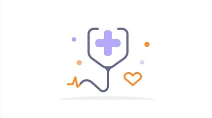 Stethoscope illustration with heart symbol and heartbeat line, featuring vibrant colors and playful design elements, representing healthcare and medical services in a modern style