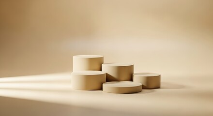 Minimalist product display with beige cylinders and soft lighting for mockup