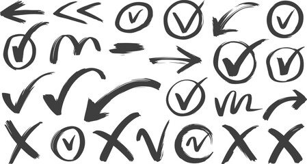 Hand Drawn Ink Brush Stroke Symbols Collection. Black and White Check Marks, Crosses, Arrows and Scribble Elements Set for Highlighting, Notes, UI Design and Graphic Decoration