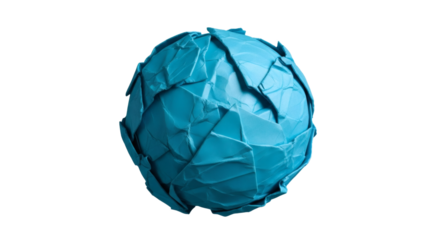 Blue paper ball sphere origami abstract art design craft crumpled texture background creative handmade object on transparent background