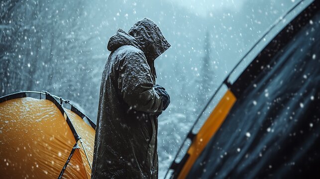 Brave adventurer camping in a winter wonderland, enduring a snowstorm near his tent, a serene yet challenging outdoor experience for a solo traveler - Powered by Adobe