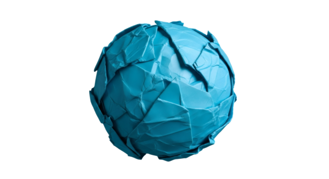 Blue paper ball sphere origami abstract art design craft crumpled texture background creative handmade object on transparent background - Powered by Adobe