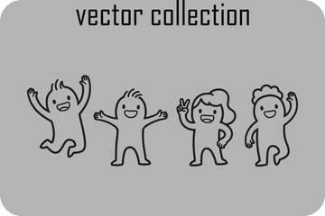 A charming collection of four hand drawn cartoon vector characters in a playful and energetic pose perfect for children s illustrations and designs