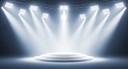 Illuminated stage with white podium and bright spotlights for presentation or performance