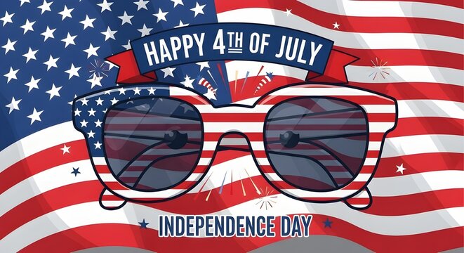 Happy 4th of july and independence day celebration with patriotic sunglasses featuring an american flag design against a waving flag background