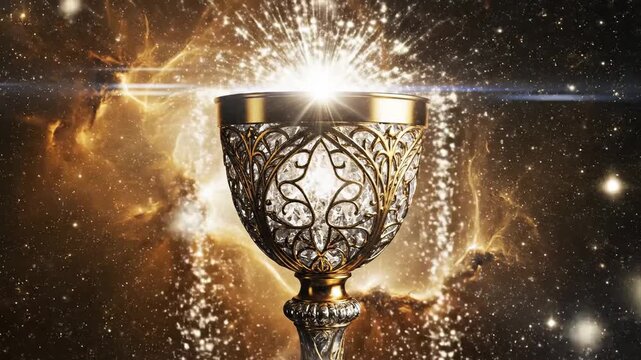 Ornate golden chalice with glowing light and abstract background