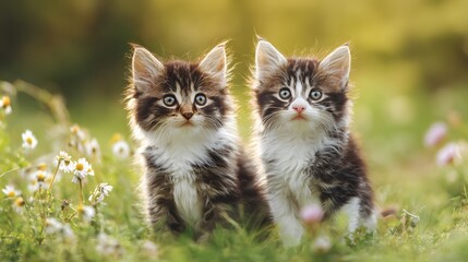 Playful kittens explore a meadow of wildflowers bathed in soft sunlight creating a heartwarming scene