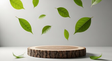 Wooden product display podium with falling green leaves for organic products