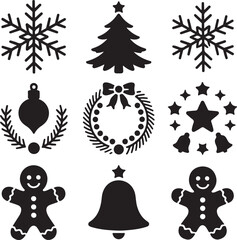 Black and White Christmas Icons Vector Illustration Holiday Season Set