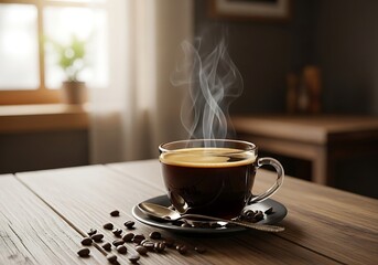 Steaming cup of coffee on wooden table with coffee beans scattered around