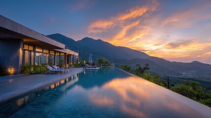 A breathtaking villa features an infinity pool reflecting the vibrant sunset over mountains. Lush greenery surrounds the property, creating a serene atmosphere at dusk.