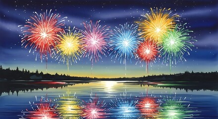 Vibrant fireworks illuminate the night sky above a serene lake, casting colorful reflections on the waters surface, celebrating a festive occasion