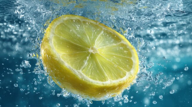A fresh lemon slice plunges into clear blue water, creating a burst of bubbles and ripples around it. The vibrant yellow contrasts beautifully with the blue tones of the water.