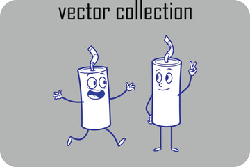 Two cartoon dynamite sticks with faces and arms one running and excited the other standing and waving representing a vector collection of explosive characters