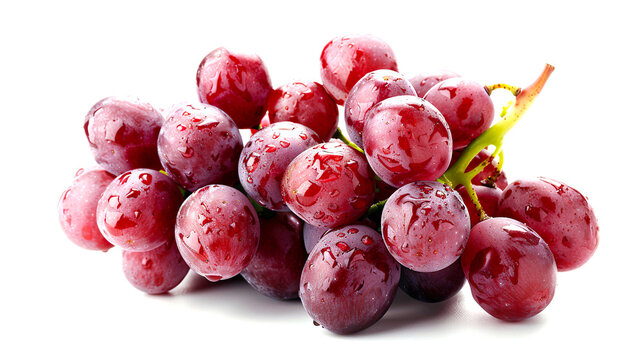 A cluster of fresh red grapes with a glossy surface. The grapes are plump and ripe, arranged on a white background.