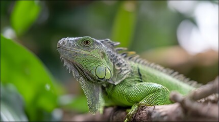 Obraz premium Vibrant green iguana portrait showcases detailed scales against a soft tropical forest backdrop