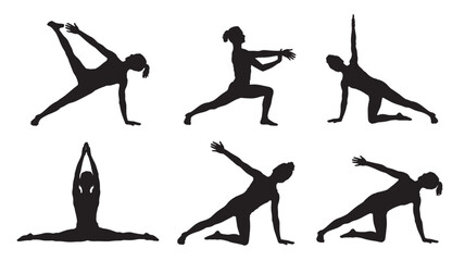 Obraz premium Set of yoga pose silhouettes various asanas in black vector illustration isolated on white background for fitness and wellness designs