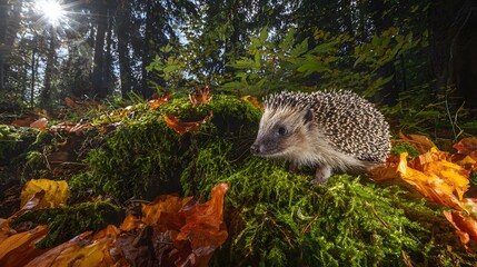 Charming hedgehog portrait autumn leaves moss forest wildlife serene nature scene captivating cute animal imagery