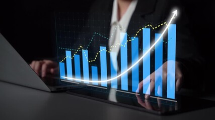 A professional woman is engaged in analyzing business growth data through digital graphs and charts displayed on her laptop in a sleek office environment. Copula - Powered by Adobe