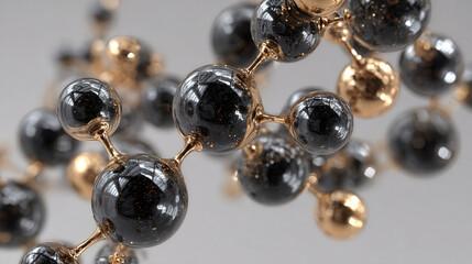Close-up of a molecular structure with black and gold spheres. The design highlights the intricate connections between atoms, representing chemistry and science.